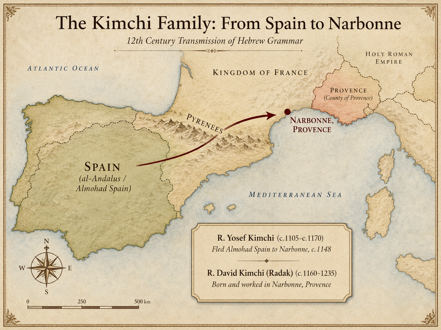 Historical map showing the Kimchi family movement from Spain to Narbonne, Provence, in the twelfth century.